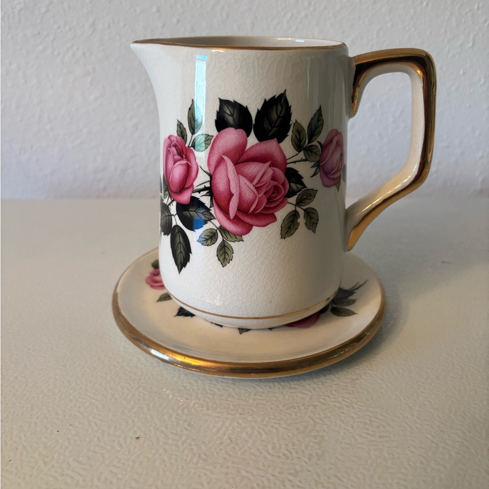 Floral Cream and Gold Trim Pitcher with Saucer